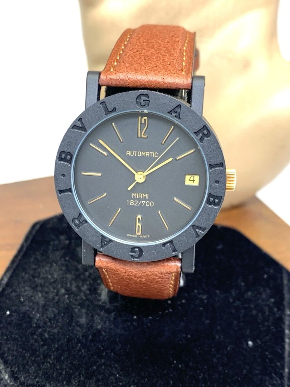 Bvlgari Watch Limited Edition Miami Swiss Automatic Black Dial Leather 34mm